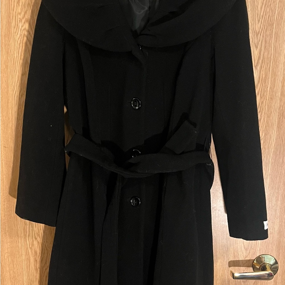 Calvin Klein Collared Black Wool Coat With Belt